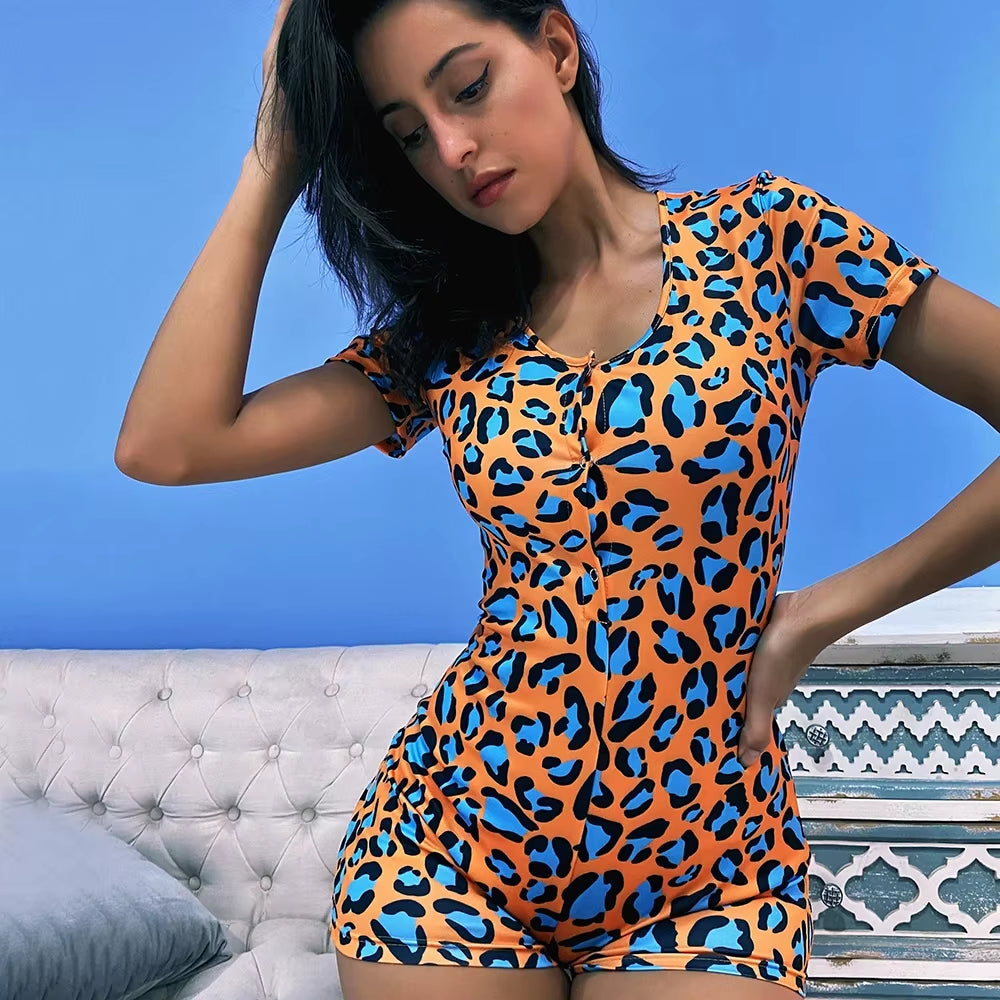 2024 Blue Cookie Print Women'S Basic Button Casual Short Sleeve Rompers Female Bodycon Workout Playsuit Hot S-3XL Overalls