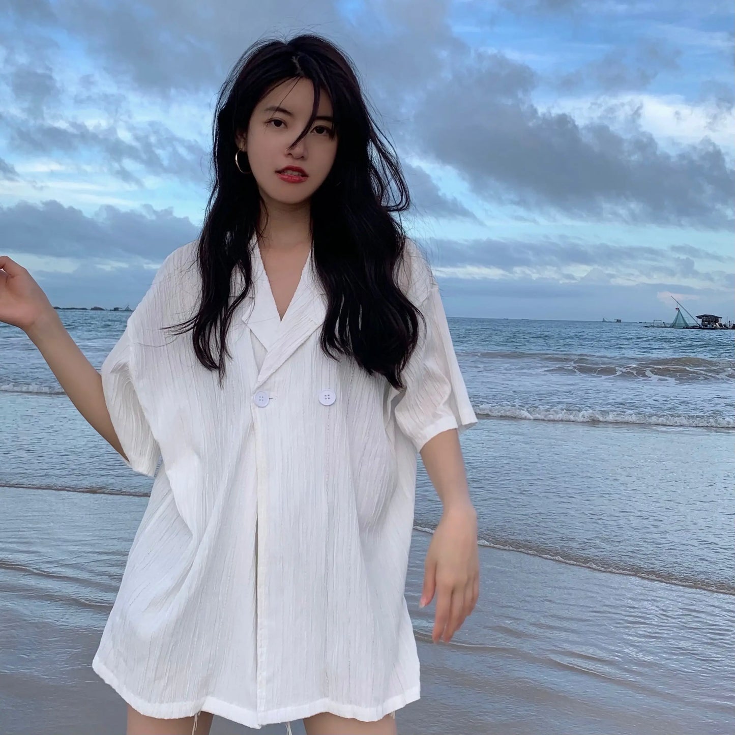2Colors 2021 Korean Style Summer Autumn Loose Turn down Collar V Neck Short Sleeve Shirt Summer Suit Blouse (N0170)