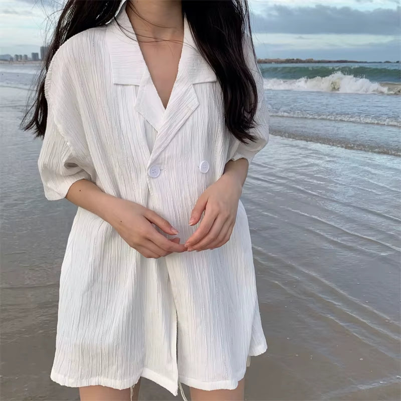 2Colors 2021 Korean Style Summer Autumn Loose Turn down Collar V Neck Short Sleeve Shirt Summer Suit Blouse (N0170)