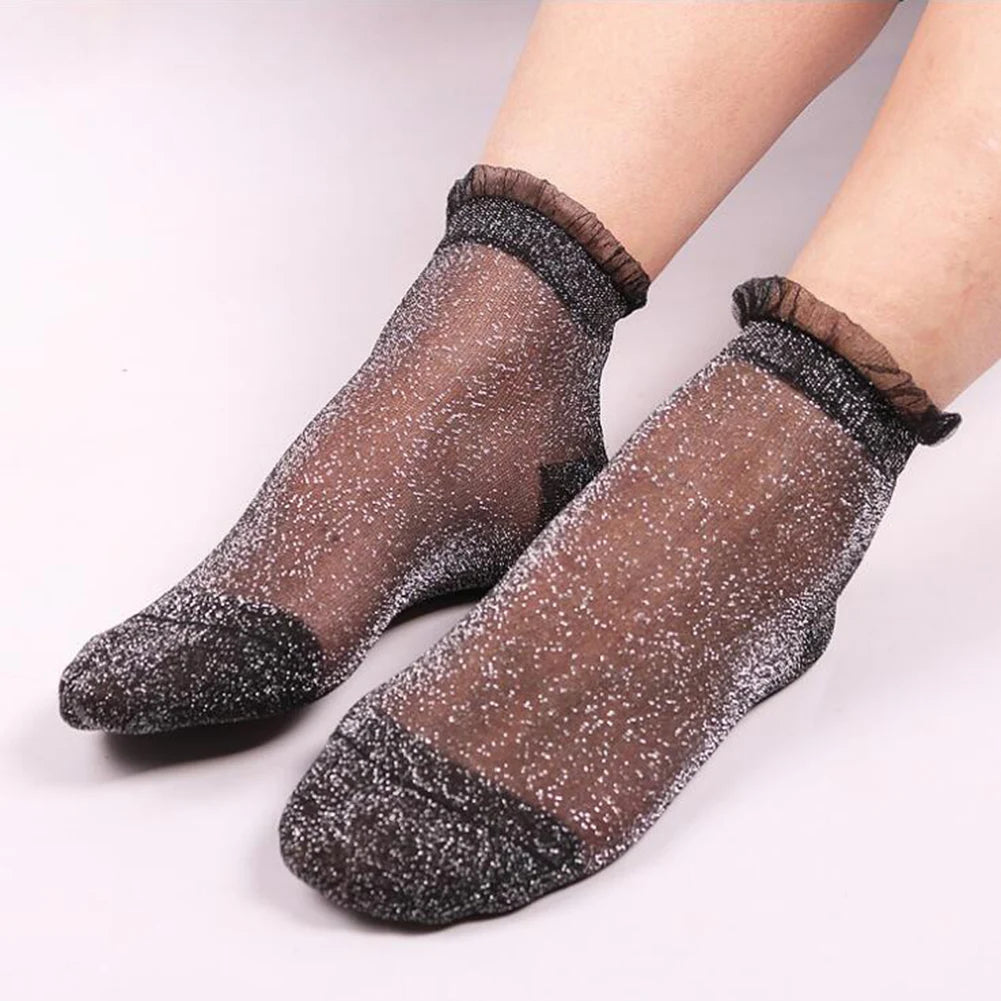 2020 Fashion Women Glitter Ankle Socks Spring Summer Thin Silky Transparent Short Socks Sexy Ladies Shiny Ruffled Socks