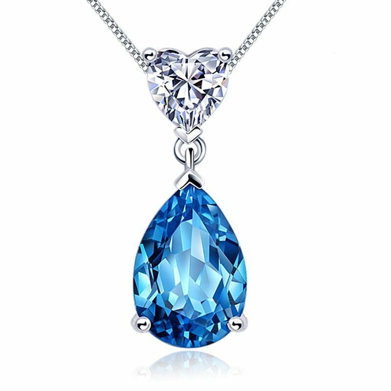 Crystal Heart Water Drop Pendant Necklace 925 Sterling Silver Womens Jewellery