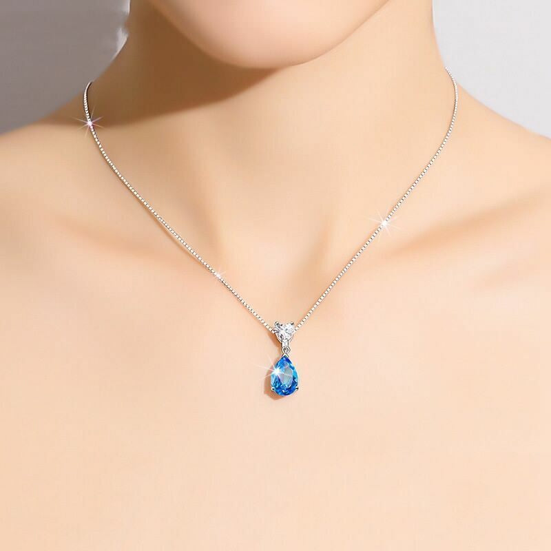 Crystal Heart Water Drop Pendant Necklace 925 Sterling Silver Womens Jewellery