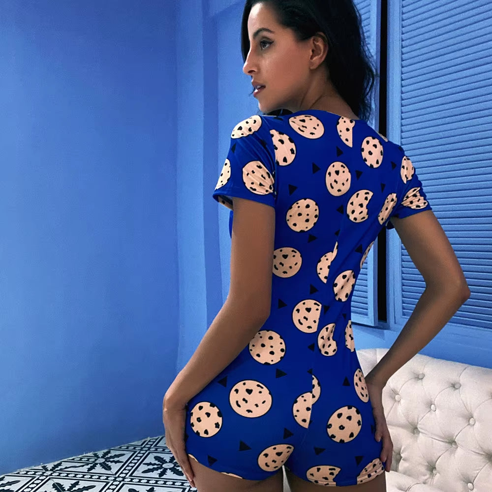 2024 Blue Cookie Print Women'S Basic Button Casual Short Sleeve Rompers Female Bodycon Workout Playsuit Hot S-3XL Overalls