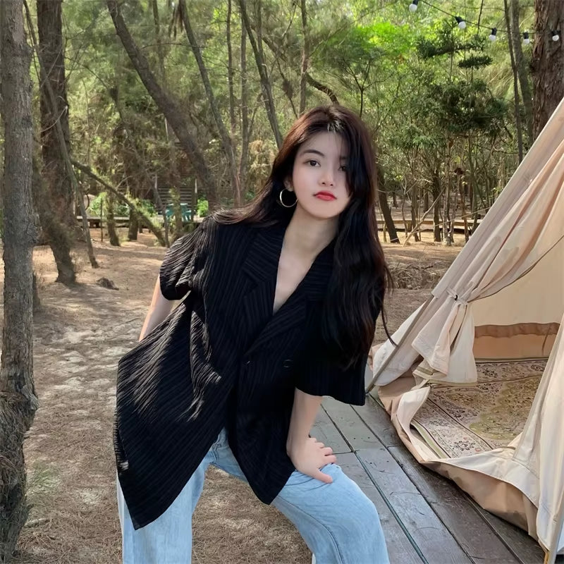 2Colors 2021 Korean Style Summer Autumn Loose Turn down Collar V Neck Short Sleeve Shirt Summer Suit Blouse (N0170)