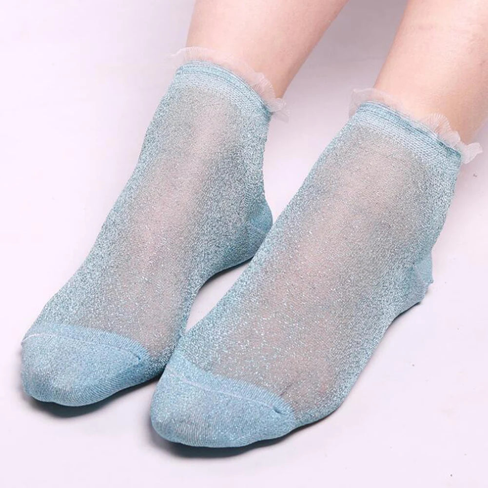 2020 Fashion Women Glitter Ankle Socks Spring Summer Thin Silky Transparent Short Socks Sexy Ladies Shiny Ruffled Socks
