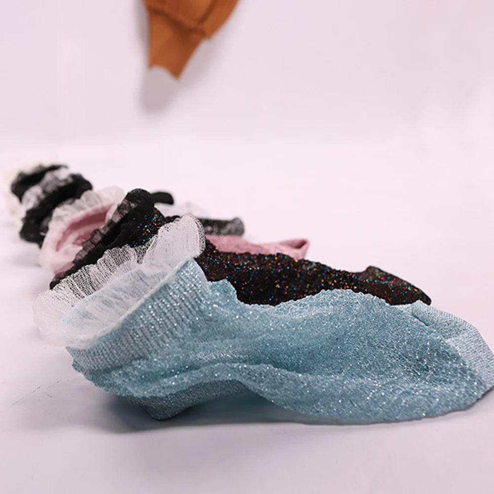 2020 Fashion Women Glitter Ankle Socks Spring Summer Thin Silky Transparent Short Socks Sexy Ladies Shiny Ruffled Socks