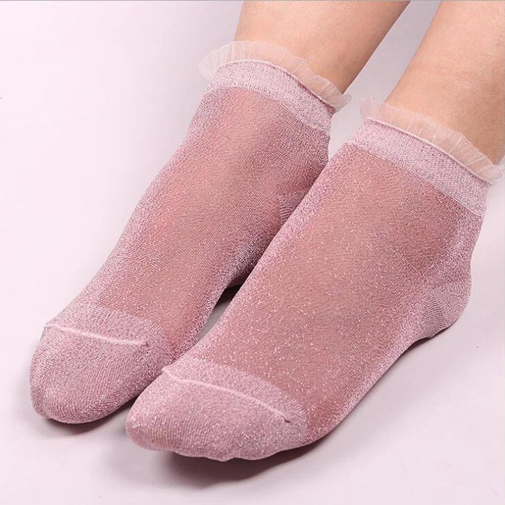 2020 Fashion Women Glitter Ankle Socks Spring Summer Thin Silky Transparent Short Socks Sexy Ladies Shiny Ruffled Socks