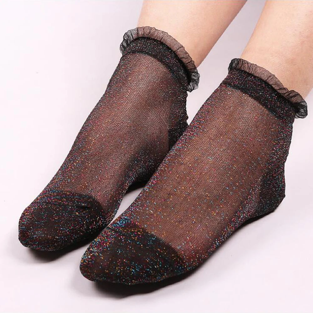 2020 Fashion Women Glitter Ankle Socks Spring Summer Thin Silky Transparent Short Socks Sexy Ladies Shiny Ruffled Socks