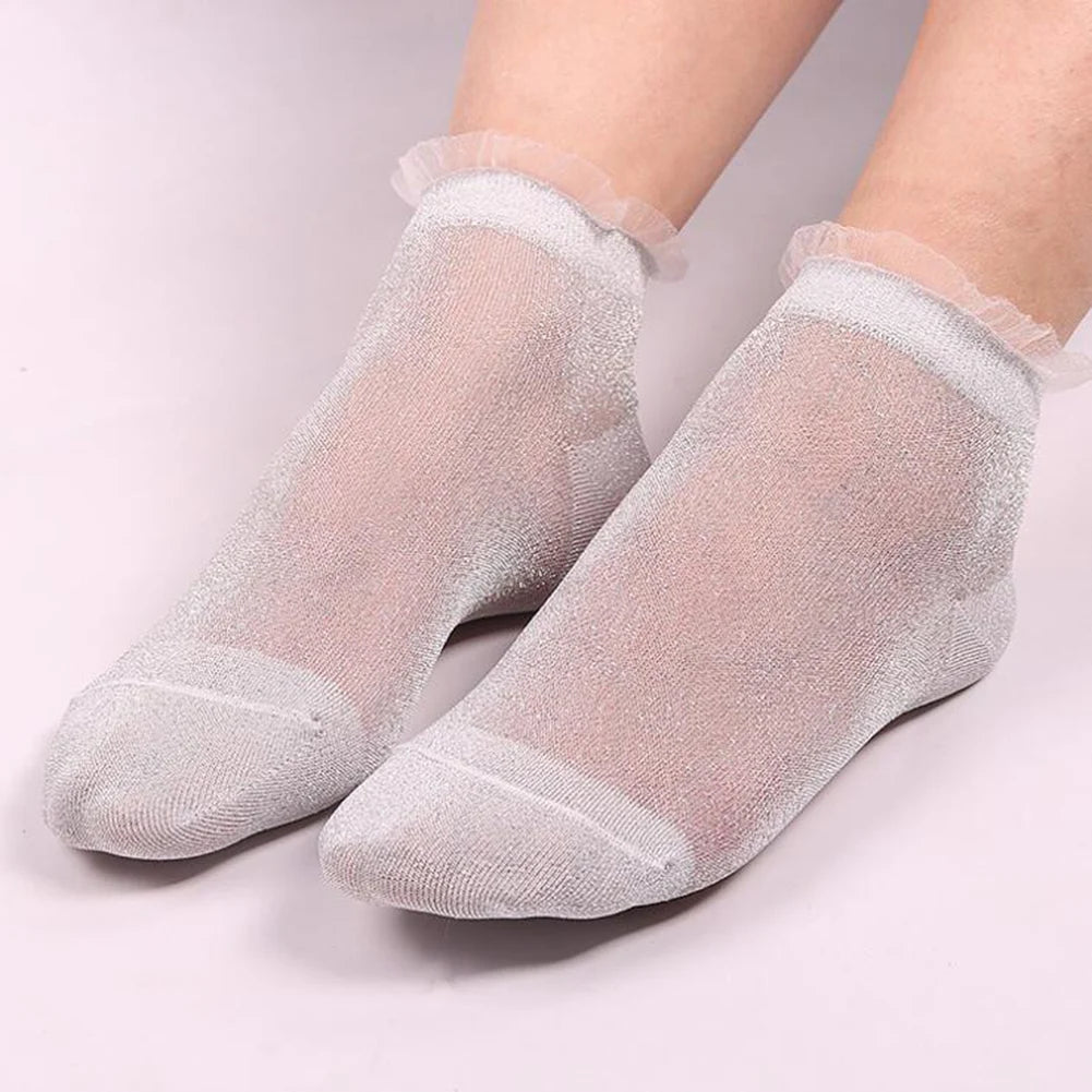 2020 Fashion Women Glitter Ankle Socks Spring Summer Thin Silky Transparent Short Socks Sexy Ladies Shiny Ruffled Socks