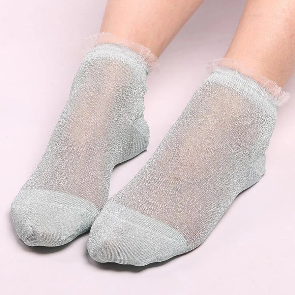 2020 Fashion Women Glitter Ankle Socks Spring Summer Thin Silky Transparent Short Socks Sexy Ladies Shiny Ruffled Socks