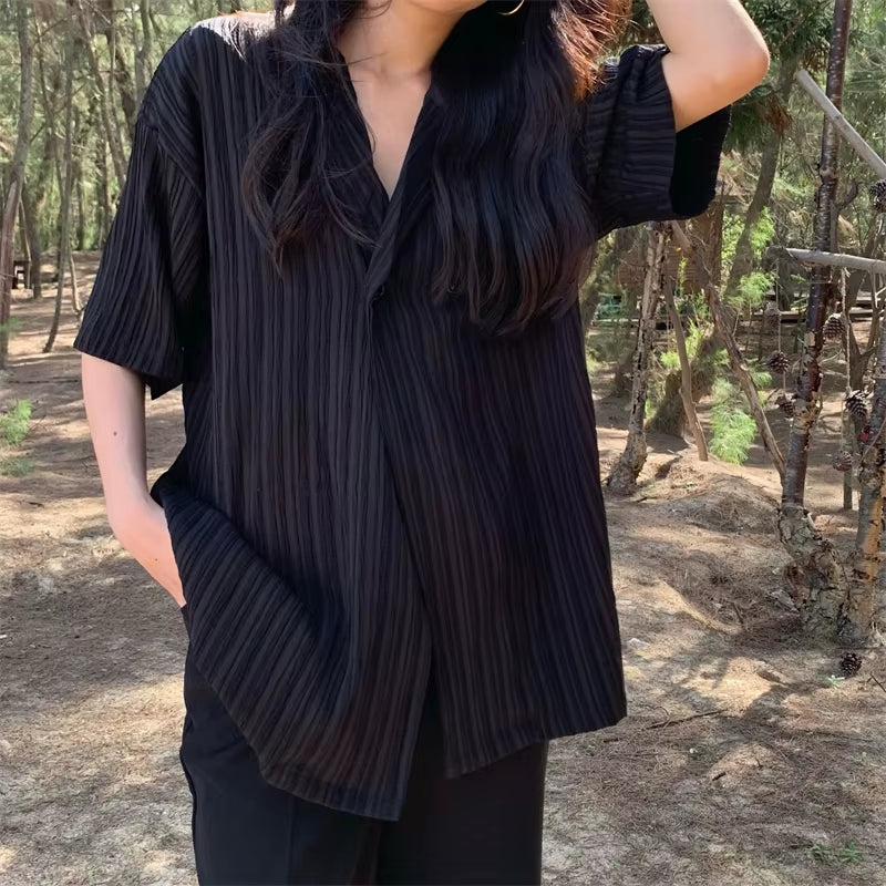 2Colors 2021 Korean Style Summer Autumn Loose Turn down Collar V Neck Short Sleeve Shirt Summer Suit Blouse (N0170)