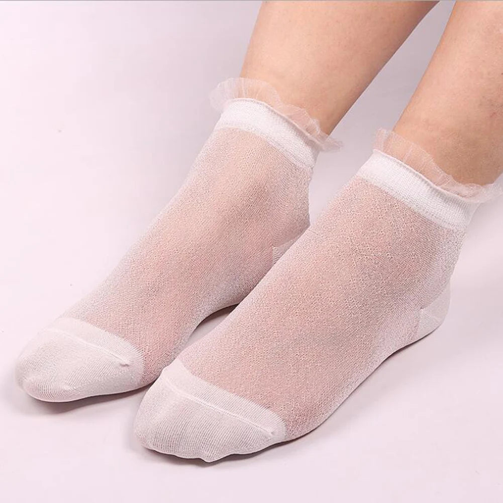 2020 Fashion Women Glitter Ankle Socks Spring Summer Thin Silky Transparent Short Socks Sexy Ladies Shiny Ruffled Socks