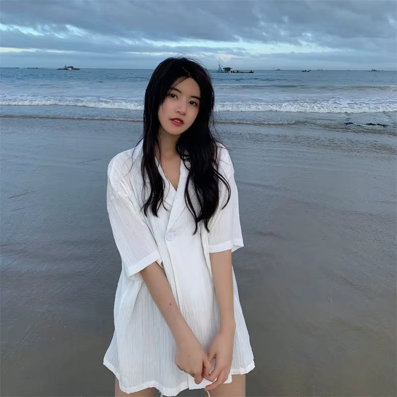 2Colors 2021 Korean Style Summer Autumn Loose Turn down Collar V Neck Short Sleeve Shirt Summer Suit Blouse (N0170)