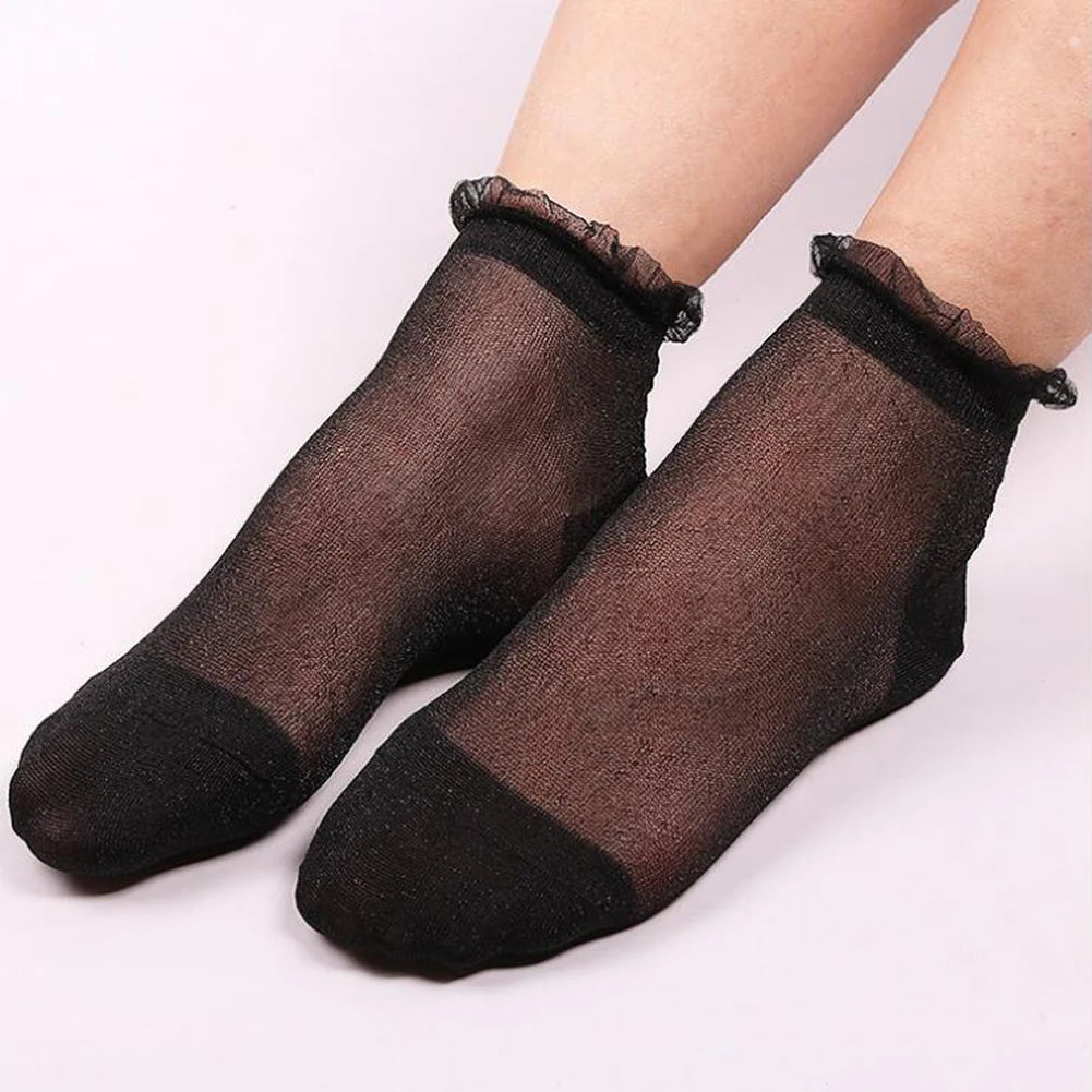 2020 Fashion Women Glitter Ankle Socks Spring Summer Thin Silky Transparent Short Socks Sexy Ladies Shiny Ruffled Socks