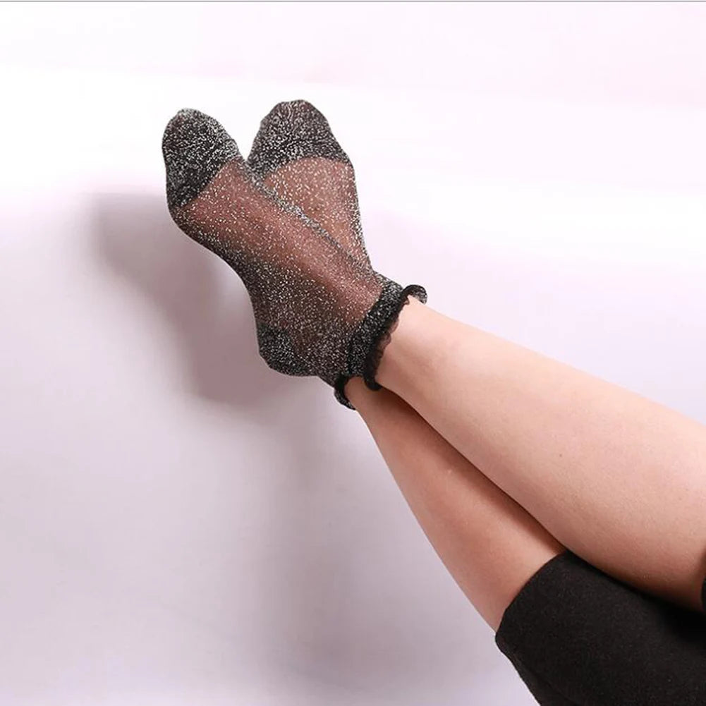 2020 Fashion Women Glitter Ankle Socks Spring Summer Thin Silky Transparent Short Socks Sexy Ladies Shiny Ruffled Socks